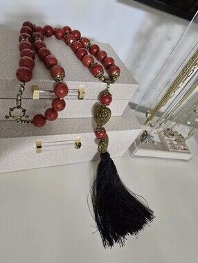 Red Beaded Tassel Necklace with Brass Heart Accents